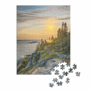 sunset over lake superior pukaskwa park jigsaw puzzle with tin